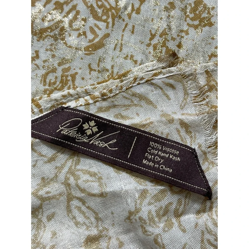 Patricia Nash Metallic Gold Floral Scarf Cream Viscose Frayed Edge Wrap light